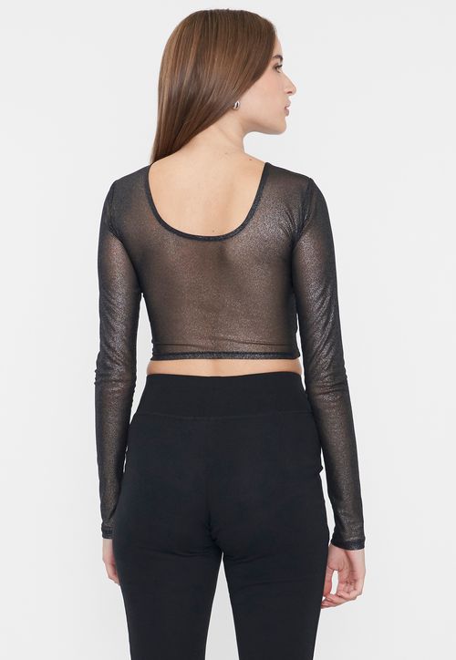 Polera Mujer Manga Larga Negro Espalda Abierta
