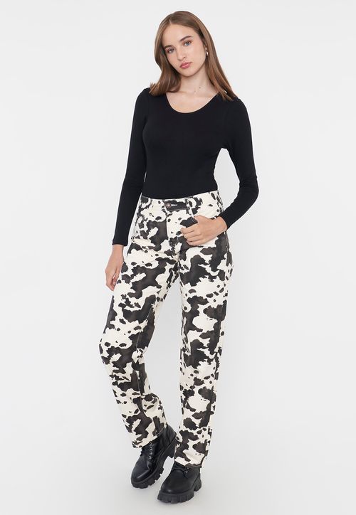 Pantalón Mujer Straight Fit Print Cow Blanco