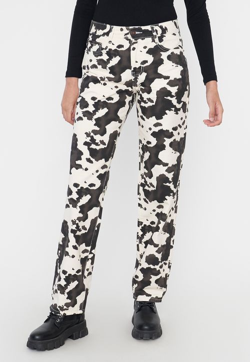 Pantalón Mujer Straight Fit Print Cow Blanco
