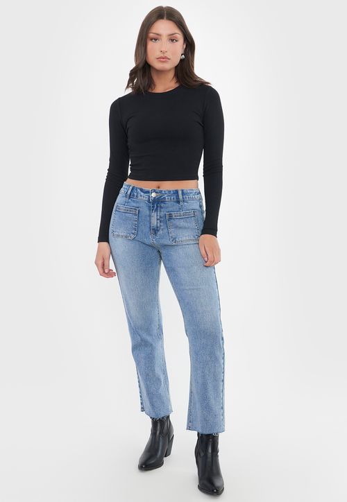 Jeans Mujer Straight Fit Bolsillos Azul Medio