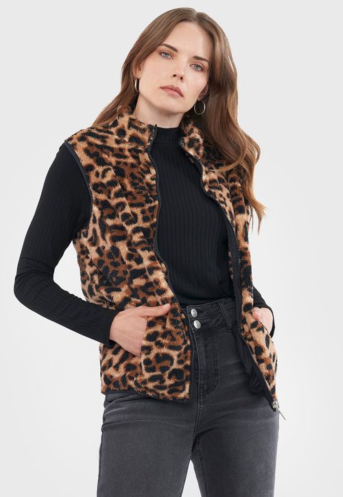 Polerón Mujer Coral Sin Mangas Animal Print Café
