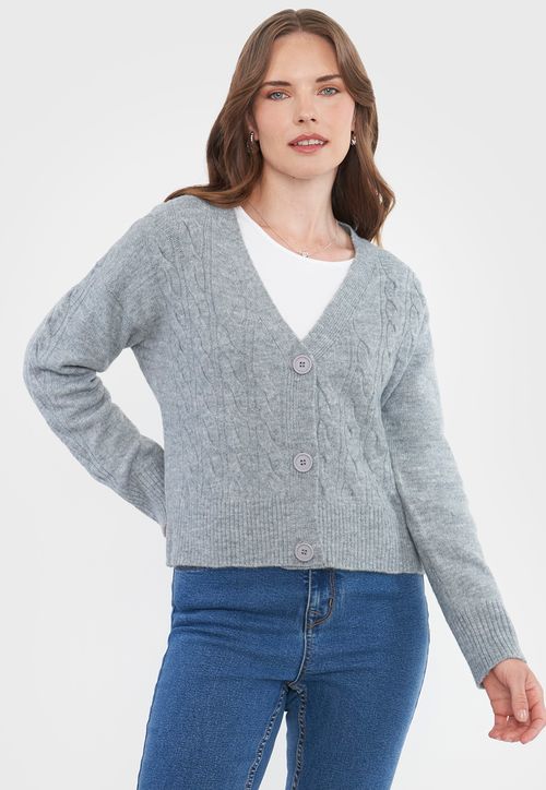 Sweater Mujer Cárdigan Trenzas Gris
