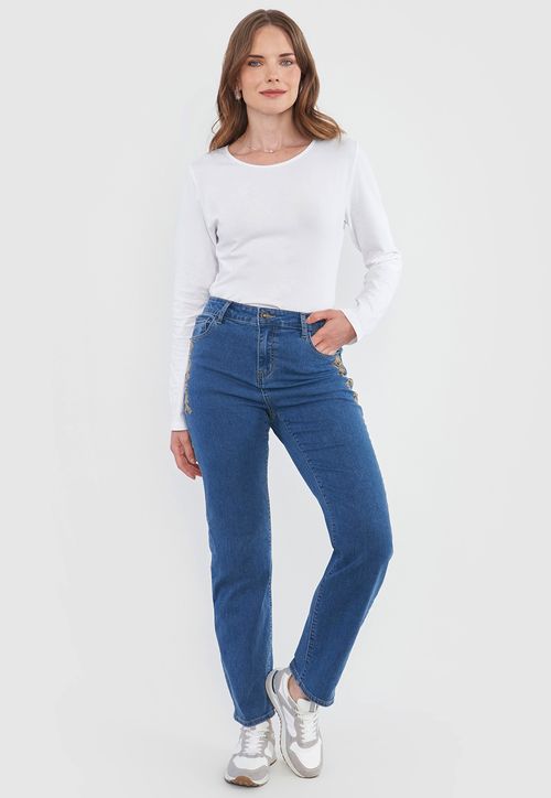 Jeans Mujer Straight Fit Detalle Azul Medio