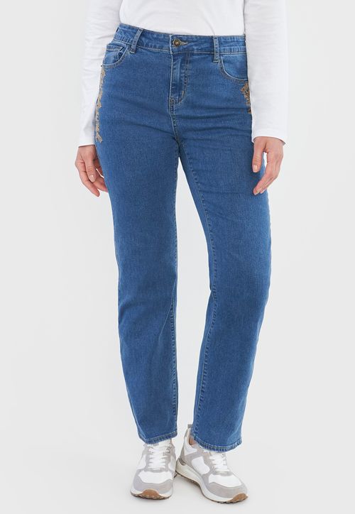 Jeans Mujer Straight Fit Detalle Azul Medio