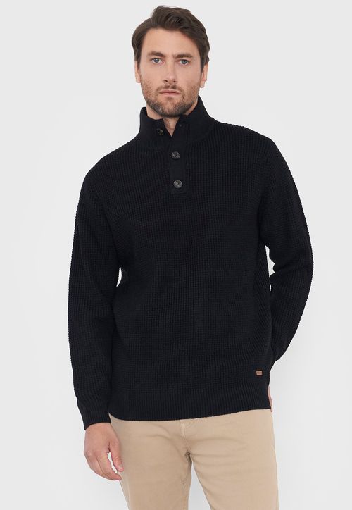 Tejido Hombre Cuello Botones Negro