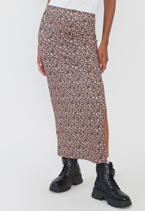 Falda Mujer Midi Animal Print Café