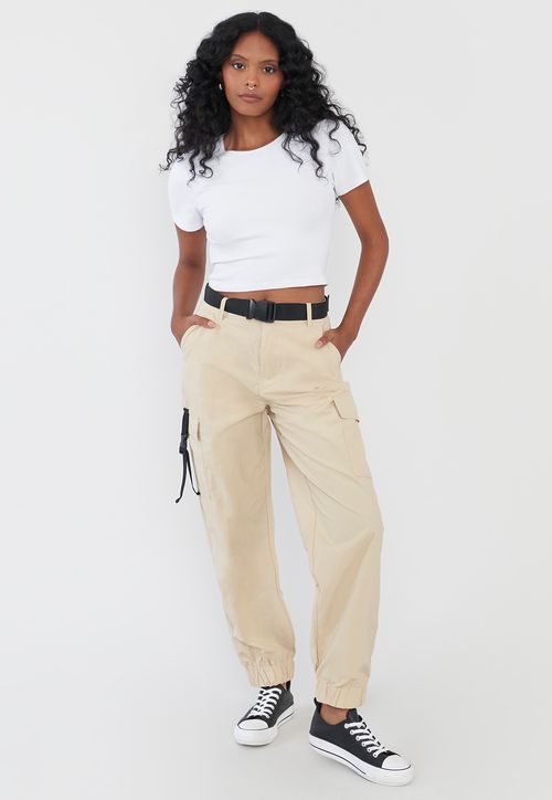 Pantalón Mujer Beige Jogger Cargo Cinturón