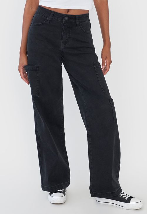 Jeans Mujer Cargo Negro Straight Fit