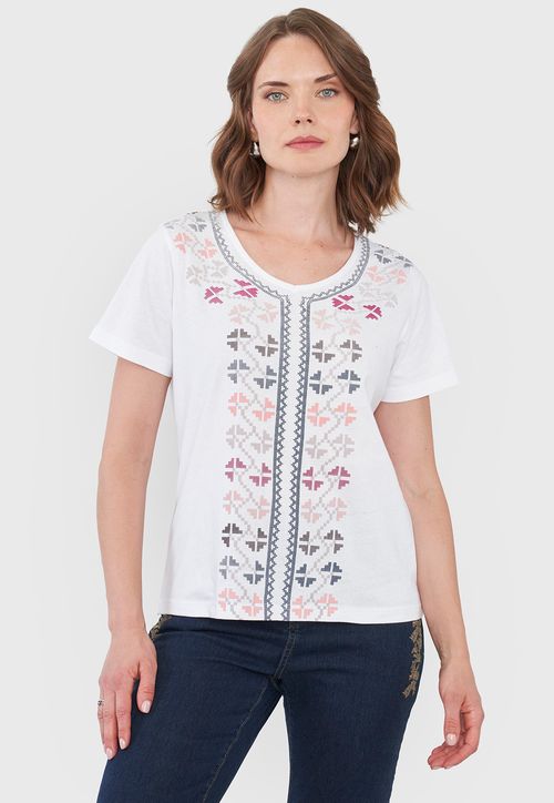 Polera Mujer Escote V Print Étnico Ecru