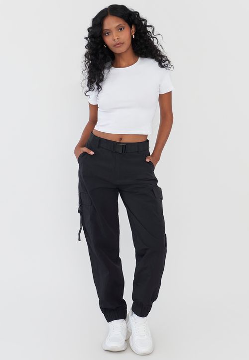 Pantalón Mujer Negro Jogger Cargo Cinturón