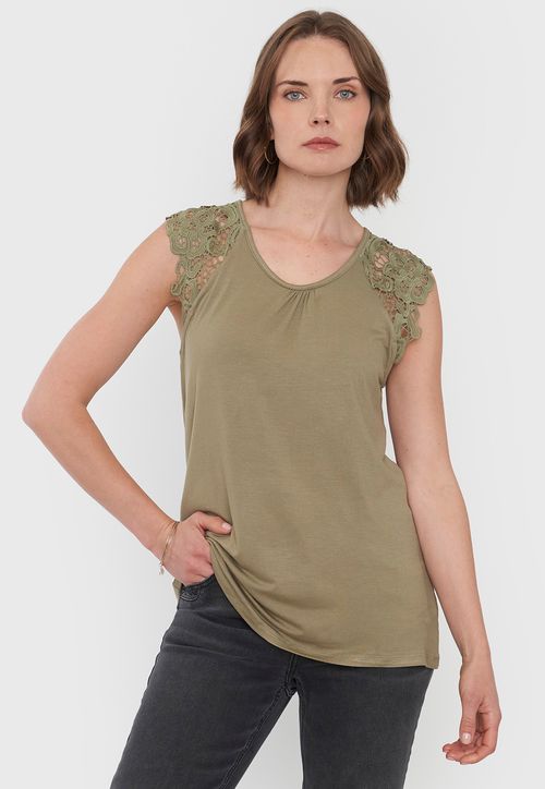 Polera Mujer Hombros Macramé Verde