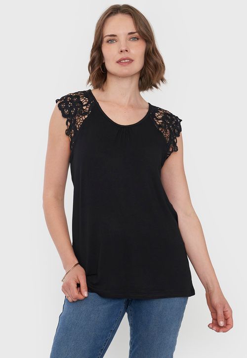 Polera Mujer Hombros Macramé Color Negro