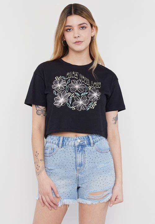 Polera Mujer Fun Manga Corta Crop Negro
