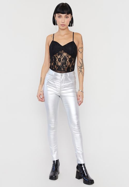 Pantalón Mujer Metalizado Plateado Straight