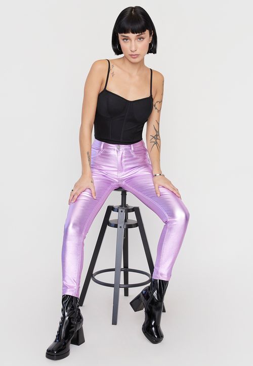 Pantalón Mujer Metalizado Lila Straight