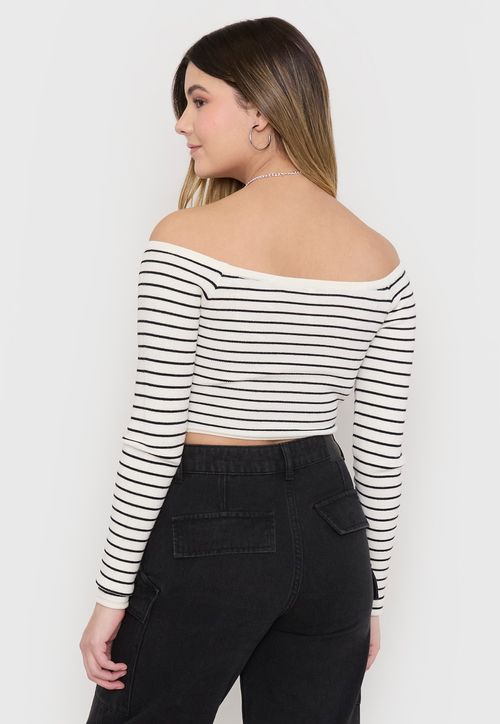Sweater Mujer Rayado Off Shoulder Blanco Rayas