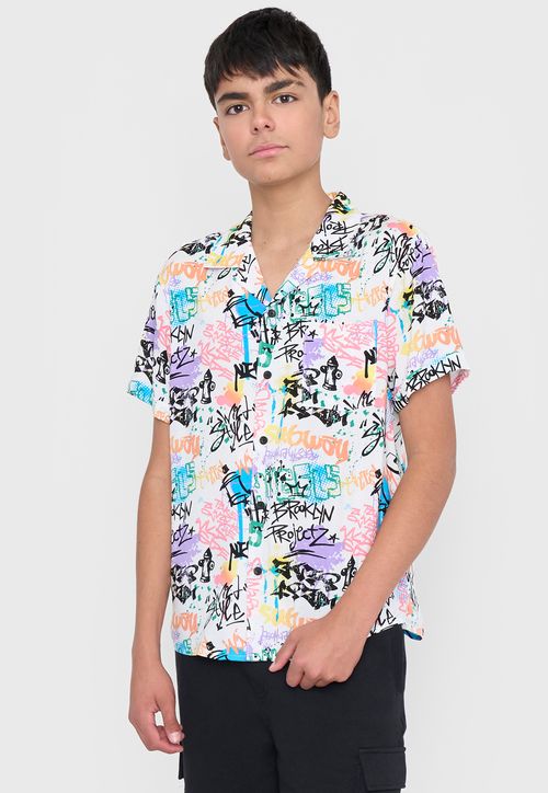 Camisa Niño Viscosa Fullprint Graffiti Blanco