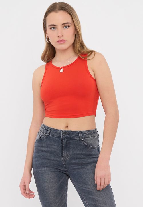 Polera Mujer Crop Rojo Sin Mangas