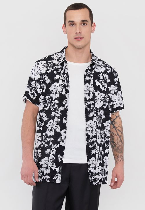 Guayabera Hombre Night Print Flores Negro
