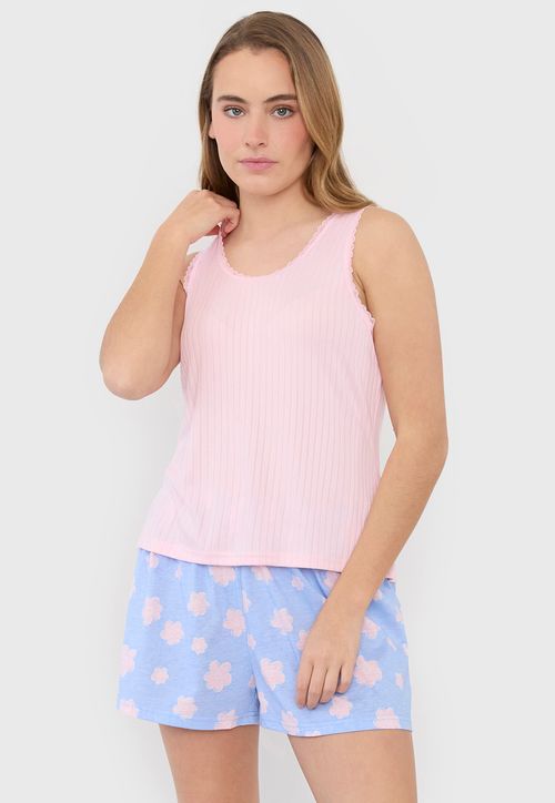 Pijama Mujer Rib Encaje Rosado Flores + Estuche