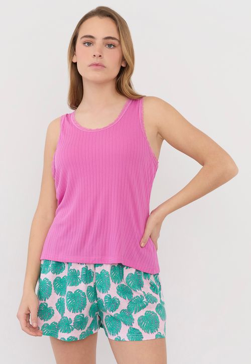 Pijama Mujer Rib Encaje Fucsia Tropical + Estuche