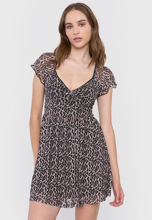 Vestido Mujer Corto Malla Animal Print Café
