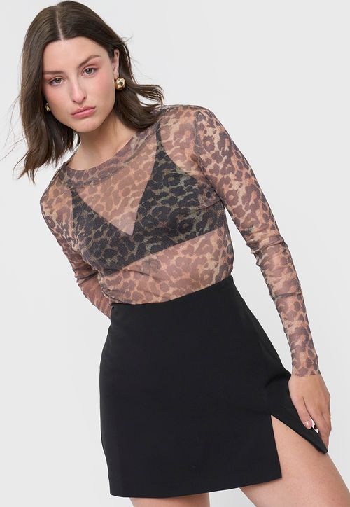Polera Mujer Malla Night Animal Print Café