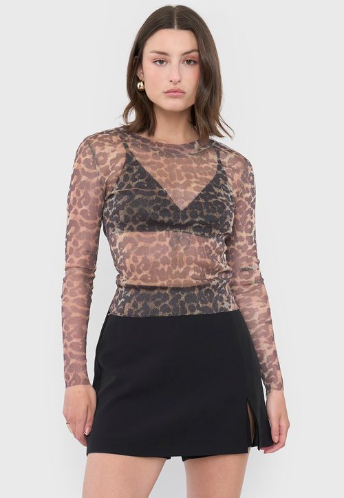 Polera Mujer Malla Night Animal Print Café