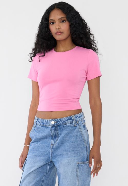 Polera Mujer Crop M/C Esencial Rosado