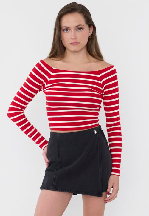 Polera Mujer Sin Hombros M/L Rayas Rojo