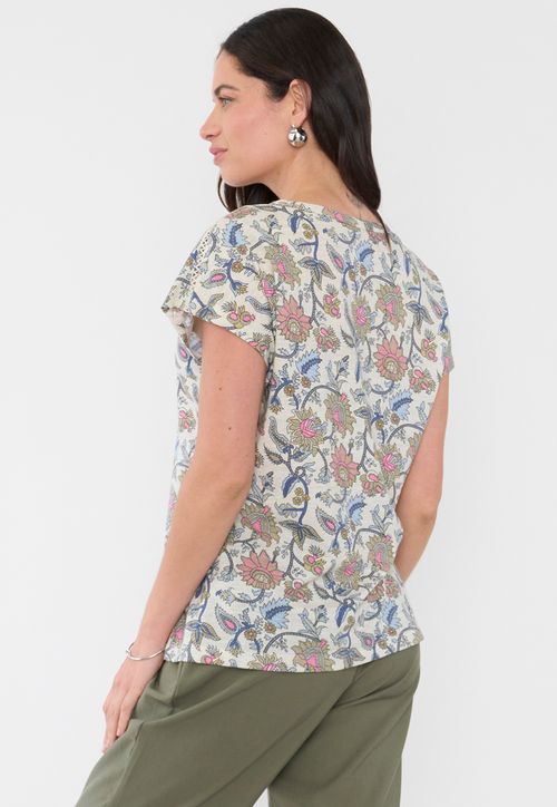 Polera Mujer Macramé Hombros Print Ecru