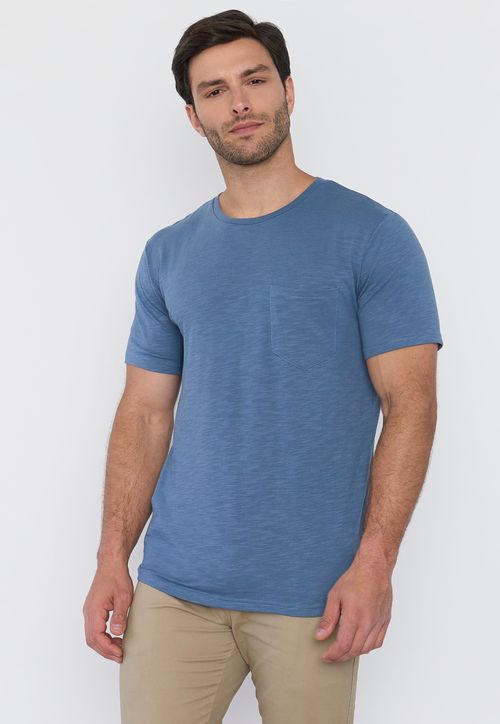 Polera Hombre Slub Bolsillo Celeste