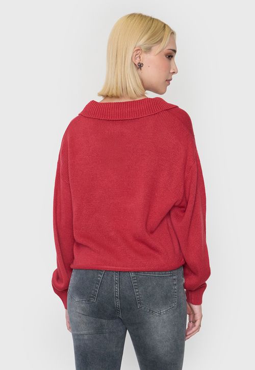 Sweater Mujer Cuello Polo Bicolor Rojo