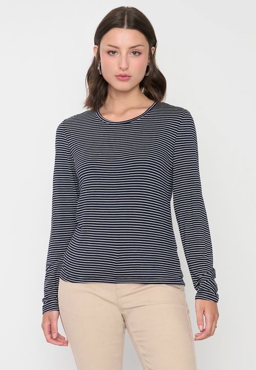 Polera Mujer Manga Larga Líneas Azul Marino