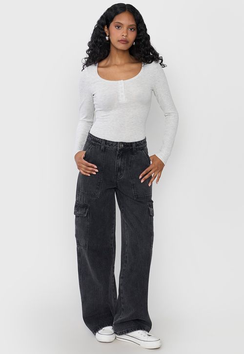 Jeans Mujer Wide Leg Fit Cargo Negro