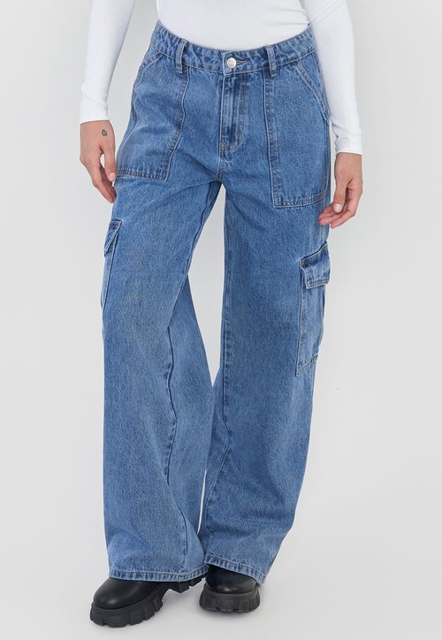 Jeans Mujer Cargo Wide Leg Fit Azul Medio