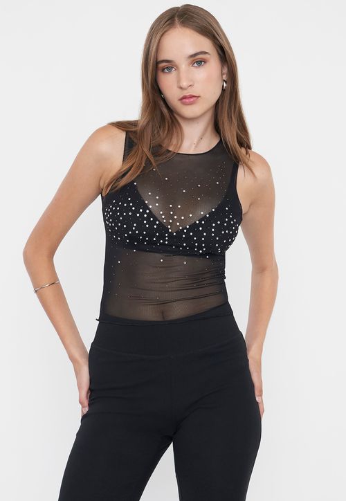 Polera Mujer Malla Brillos Negro