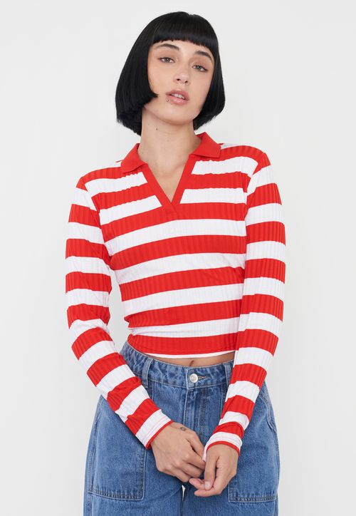 Polera Mujer Manga Larga Cuello Polo Rojo Rayas