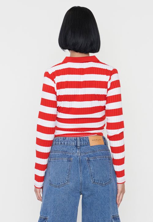 Polera Mujer Manga Larga Cuello Polo Rojo Rayas