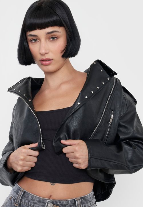 Chaqueta Mujer Biker Ecocuero Tachas Negro