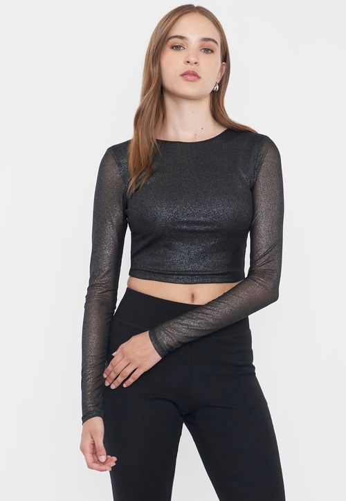 Polera Mujer Manga Larga Negro Espalda Abierta