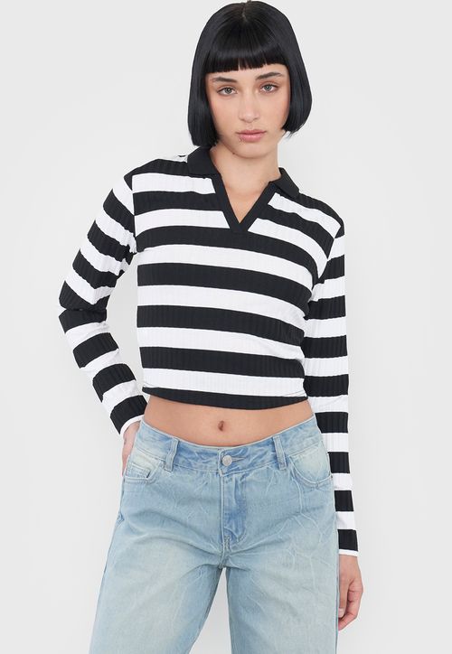 Polera Mujer Manga Larga Cuello Polo Negro Rayas