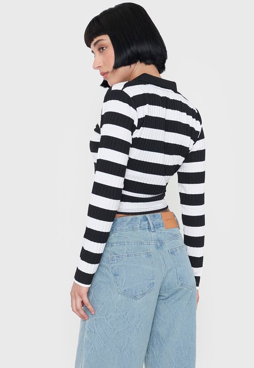 Polera Mujer Manga Larga Cuello Polo Negro Rayas