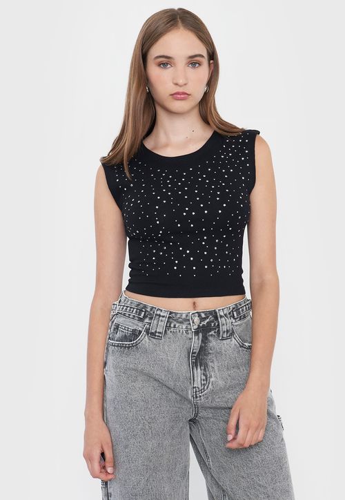 Polera Mujer Brillos Sin Mangas Color Negro