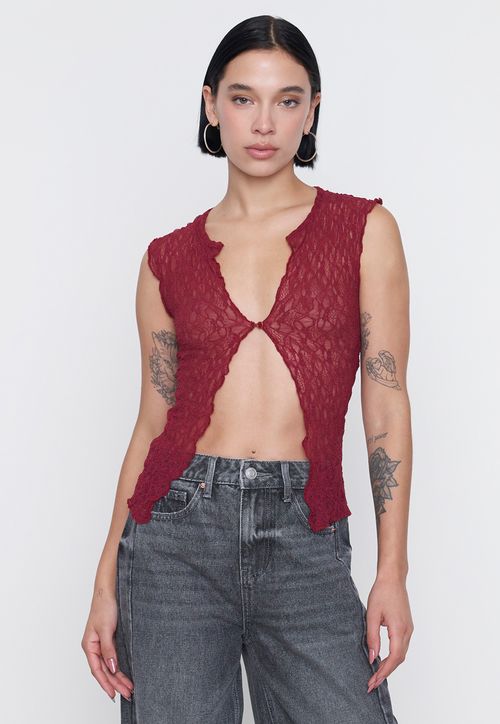 Polera Mujer S/M Encaje Burdeo