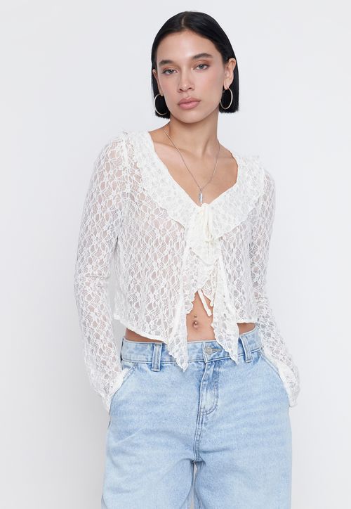 Polera Mujer Encaje Vuelos Ecru