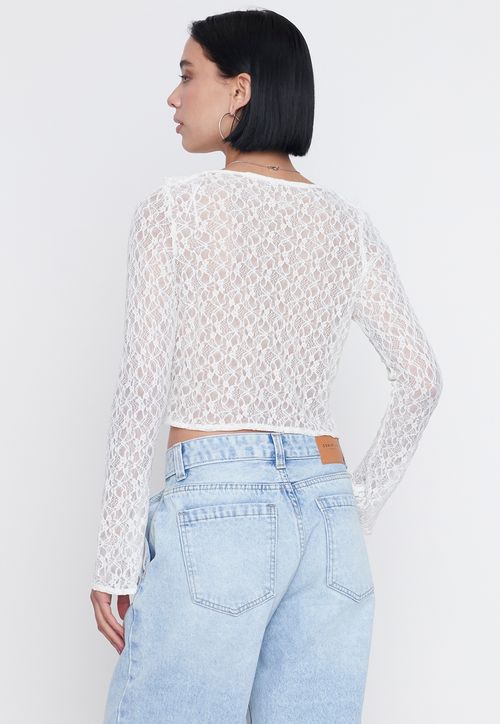 Polera Mujer Encaje Vuelos Ecru
