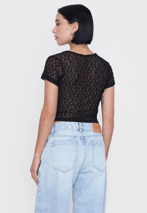Polera Mujer M/C Cruzada Encaje Negro