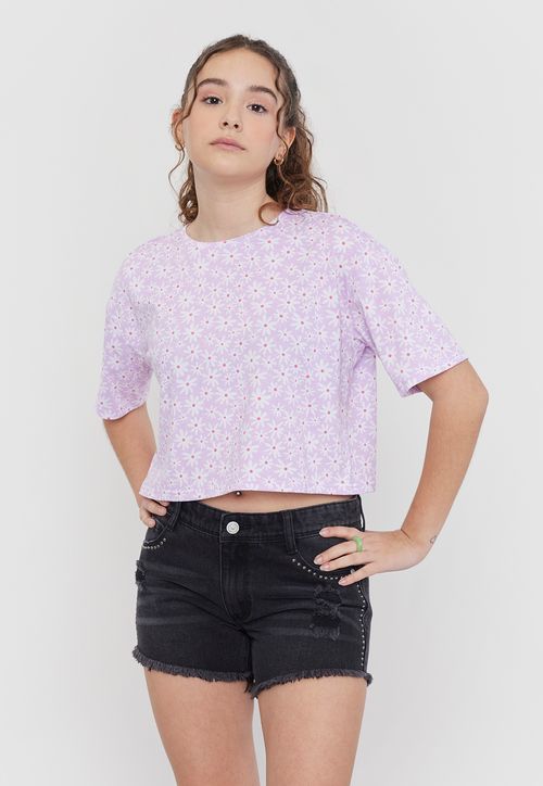 Polera Niña Teen Crop Full Print Morado