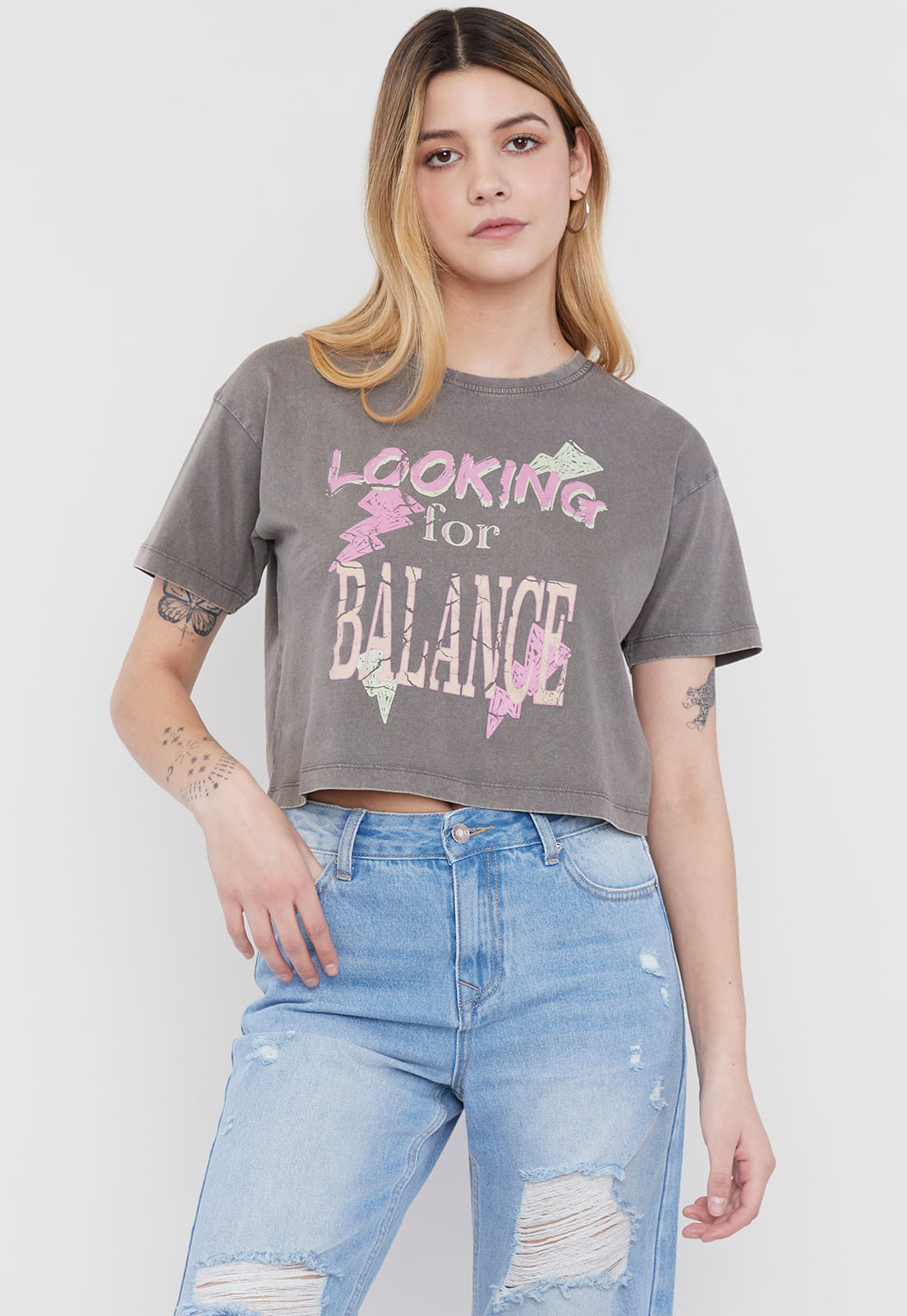 Polera Mujer Fun Manga Corta Crop Gris